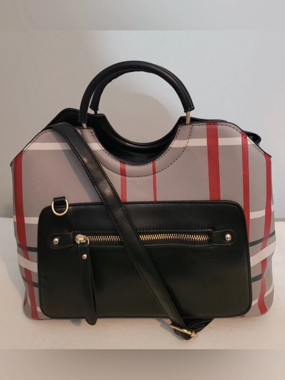 Black & Red Plaid Satchel Crossbody Bag Coated Canvas Faux Leather Trim